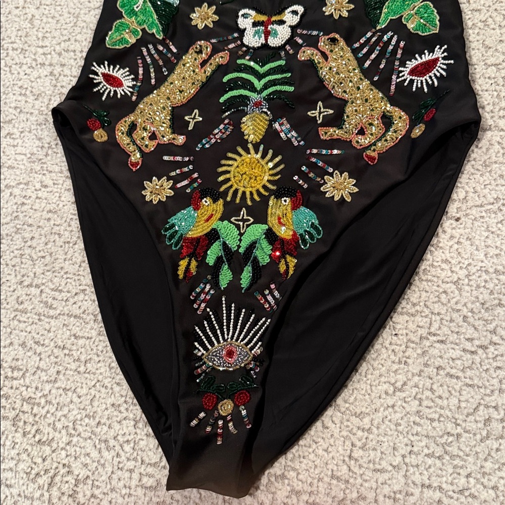 Oceanus Hand-Beaded Jungle One Piece Swimsuit – Black – Size L – Rare - Picture 6 of 11